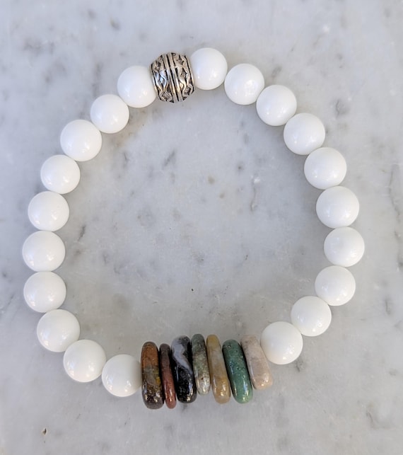 Hand Beaded Bracelet with Tridacna and Jasper beads