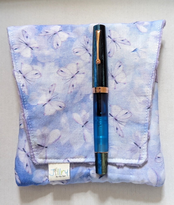 Fabric 8 Pen Pouch "G8mouth" Purple Butterflies on Blue Mini Pen Case
