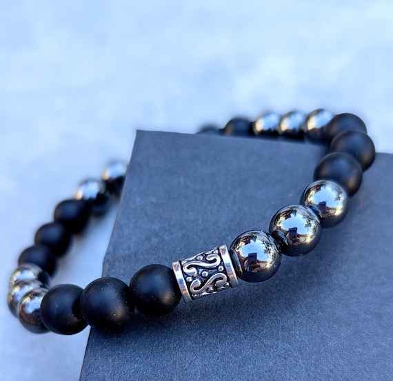 Hand Beaded Bracelet with Hematite and Onyx 8mm Beads