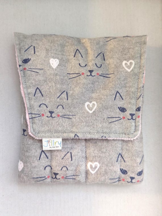 Fabric Pen Pouch: "Gatemouth" Gray Cat Faces, Minky Lined, 8 Pens