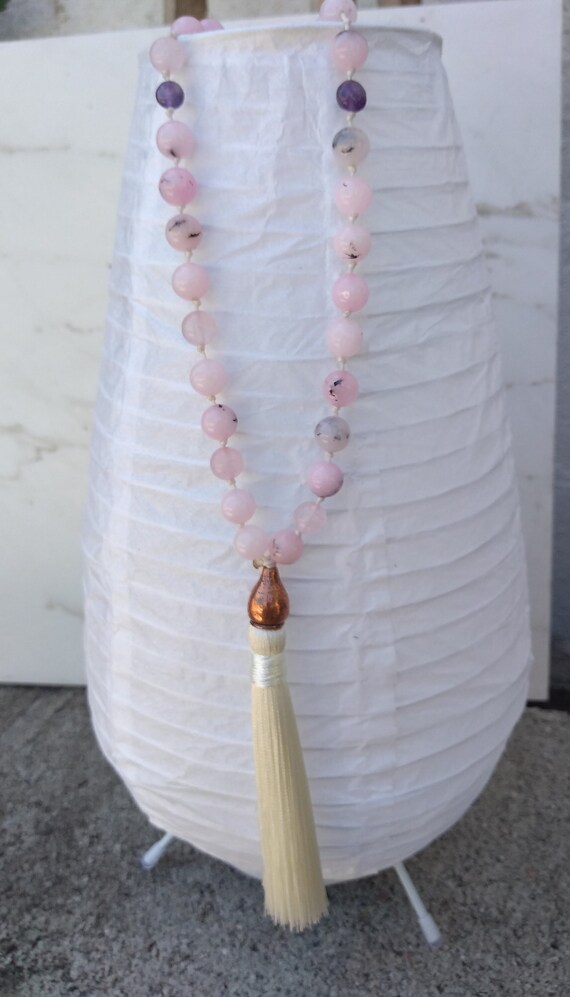 Hand Beaded and Tied Cherry Blossom Jasper, Crystal and Amethyst Necklace