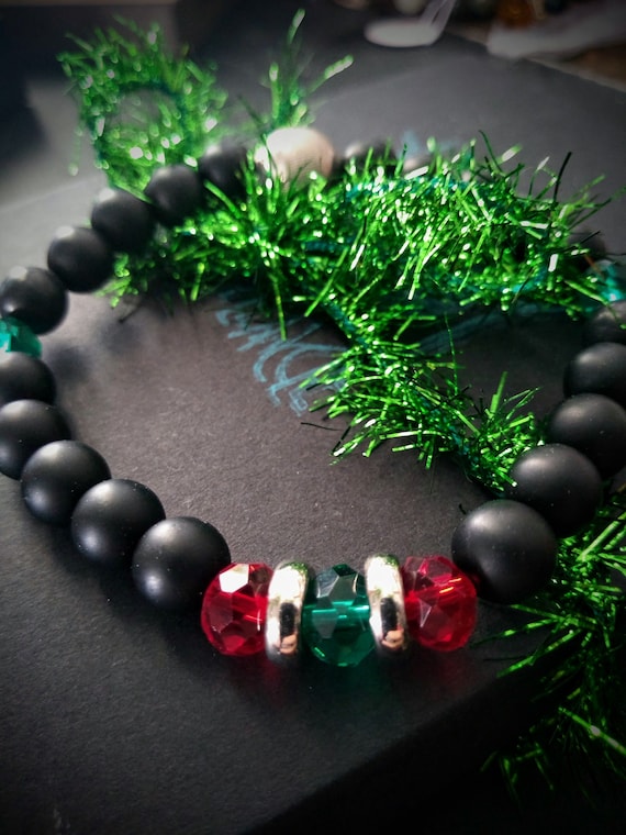 Hand Beaded Holiday Bracelet with Onyx and Crystal