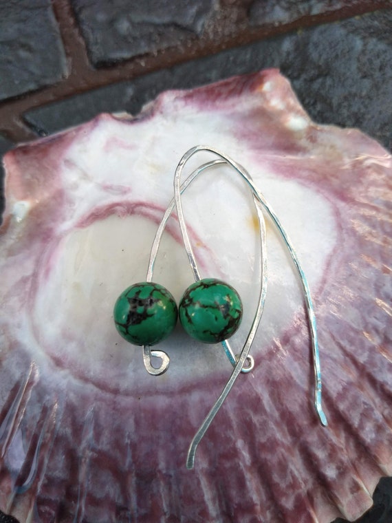 Hand Hammered Sterling Silver Green Turquoise Earrings