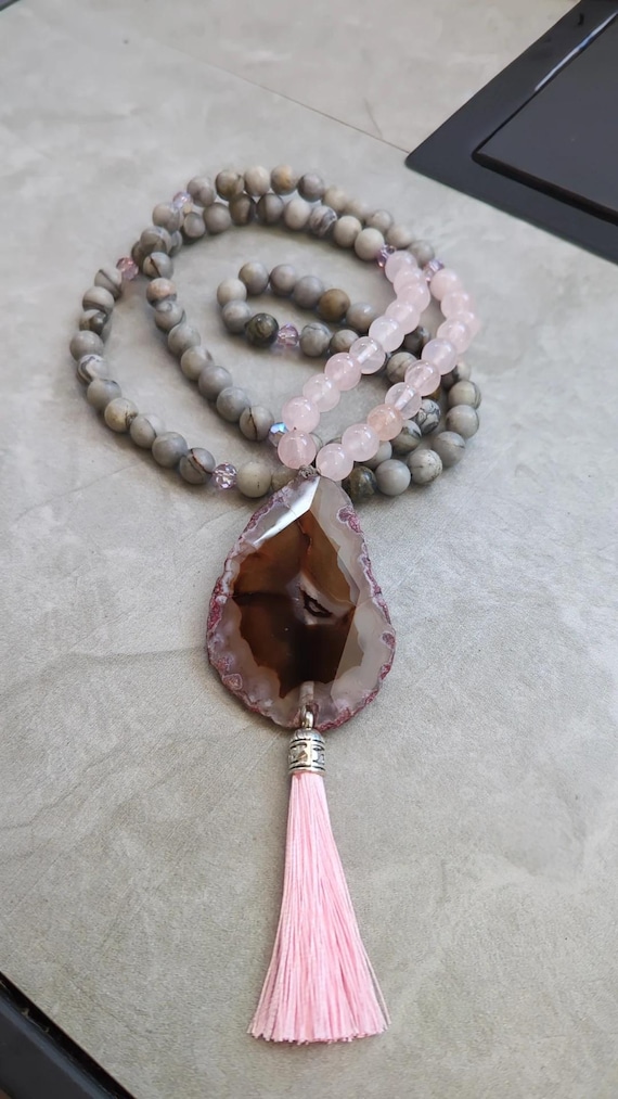 Hand Beaded Gray Agate and Rose Quartz Hand Beaded Necklace with Lace Agate Pendant