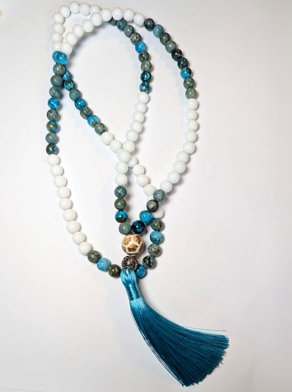 Hand Beaded Tridacna and Sea Sediment 108 Bead Necklace with Tassel