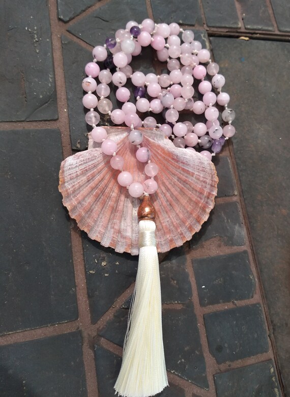 Hand Beaded and Tied Cherry Blossom Jasper, Crystal and Amethyst Necklace
