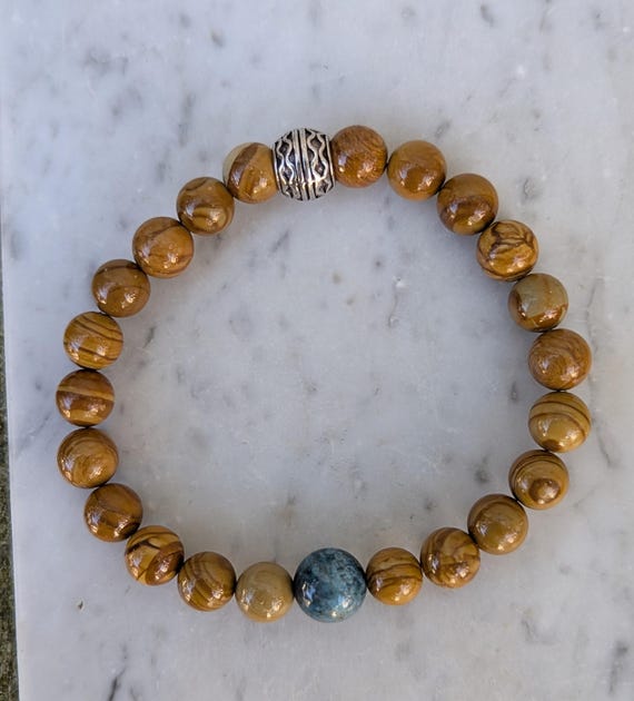 Hand Beaded Bracelet with Wood Jasper and Apatite