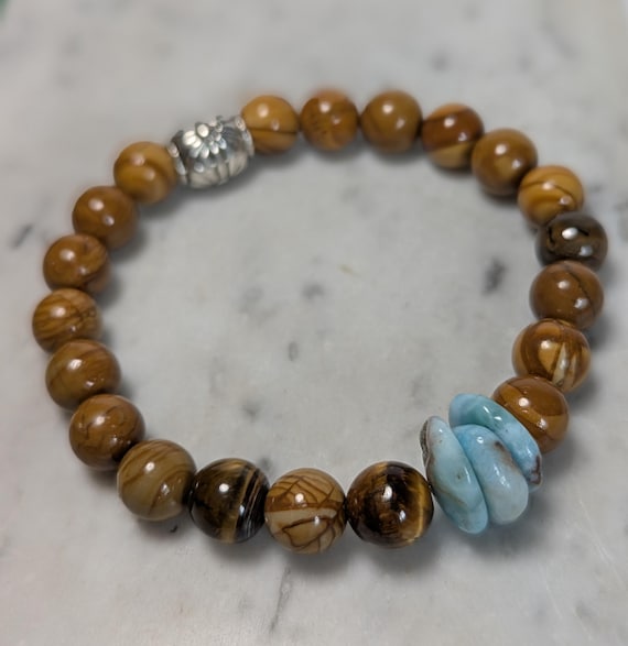 Hand Beaded Bracelet with Wood Jasper 8mm Beads and Larimar Chips