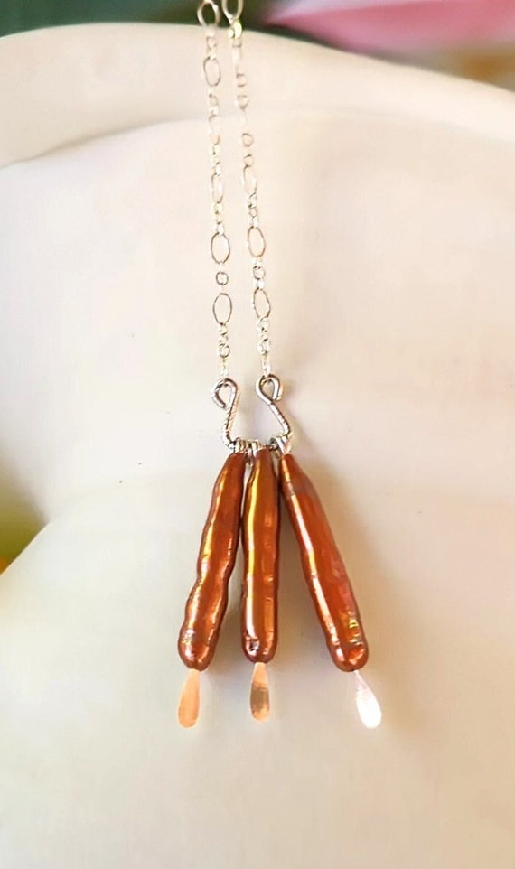Sterling Silver Necklace with Orange Stick Freshwater Pearls