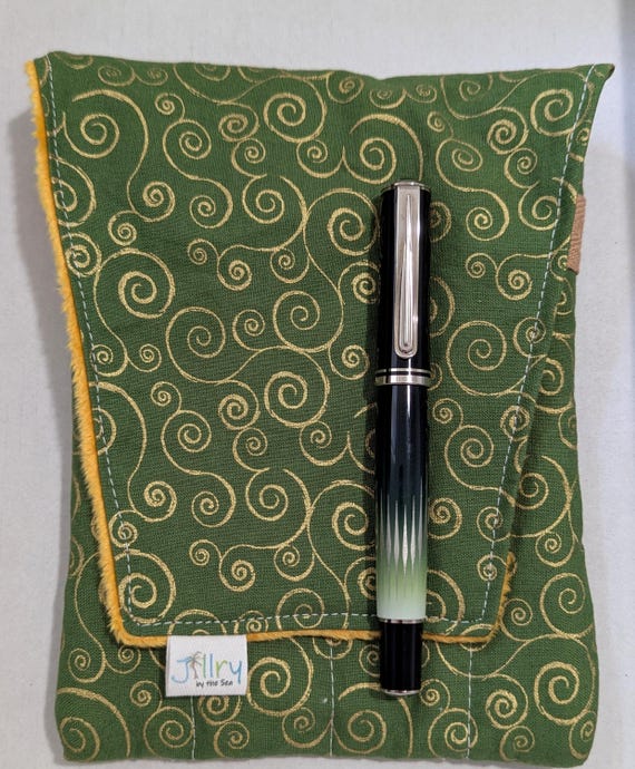 Fabric 8 Pen Pouch "G8mouth" Autumn Green with Gold Scrolling
