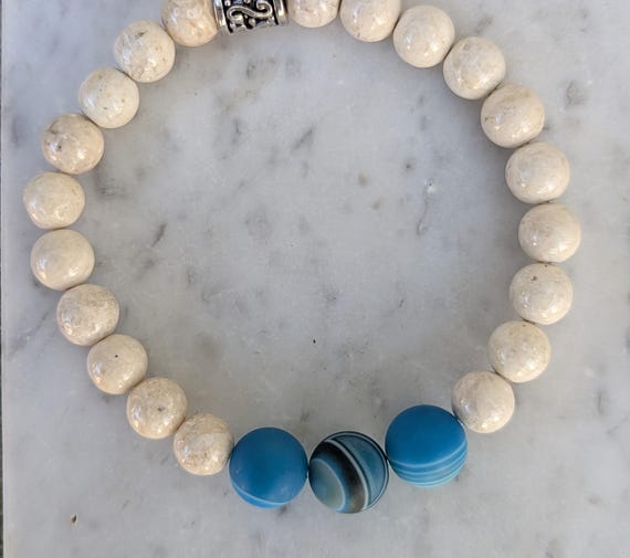 Hand Beaded Bracelet with River Rock and Blue Agate beads