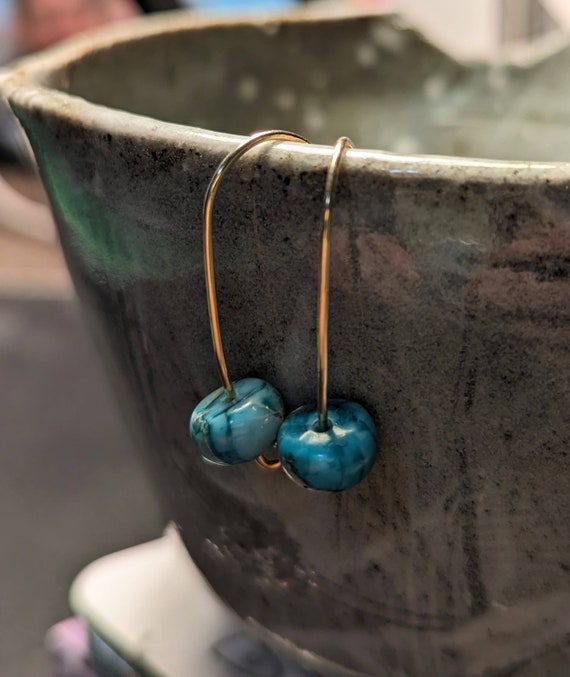 Hand Hammered Gold Filled Earrings with Ocean Blue Beads