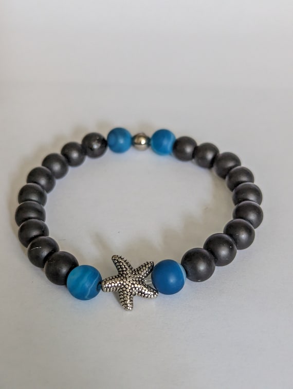 Hand Beaded Bracelet with Onyx and Starfish