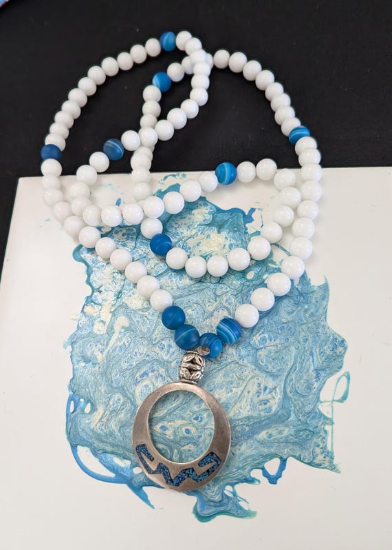 Hand Beaded Tridacna and Blue Agate Necklace with Vintage Pendant