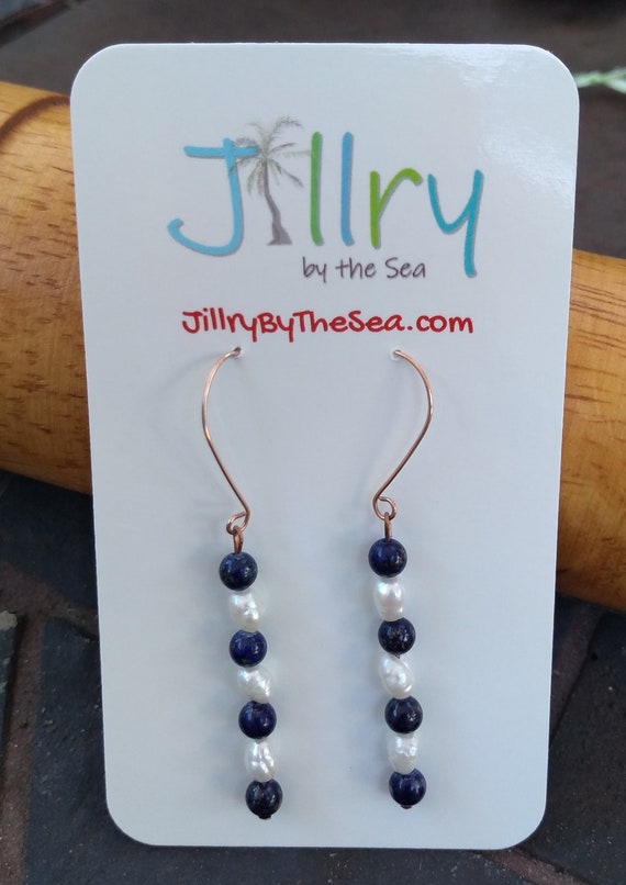 Hand Hammered Rose Gold Filled Lapis and Pearl Earrings