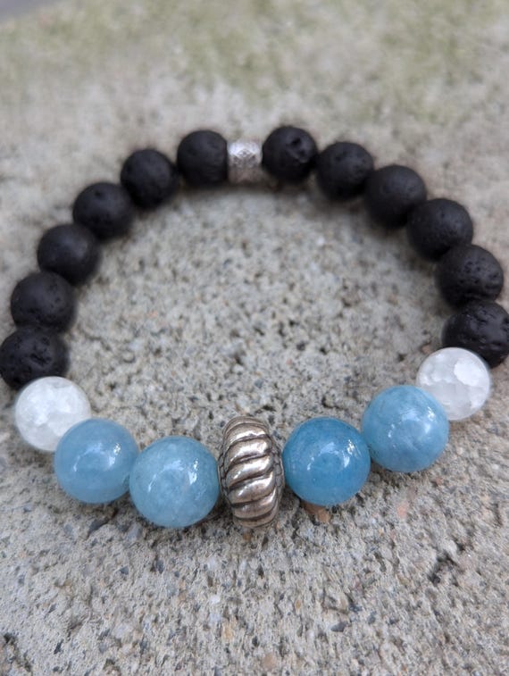 Hand Beaded Bracelet with 10mm Lava and Jade Beads