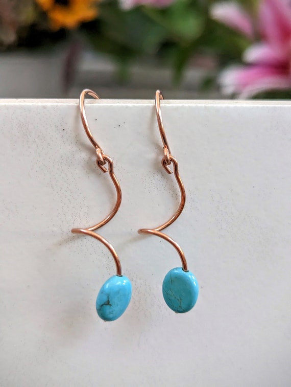 Hand Hammered Rose Gold Filled Turquoise Curl Earrings