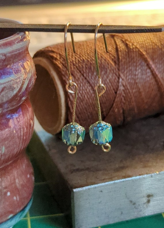 Hand Hammered Gold Filled Earrings with Aqua Blue Cut Glass Beads