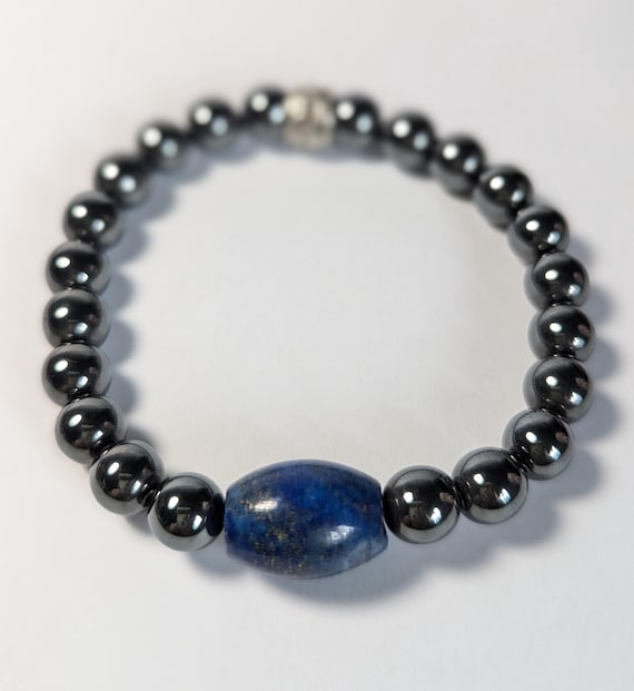 Hand Beaded Bracelet with Hematite 8mm Beads and Lapis Center Bead