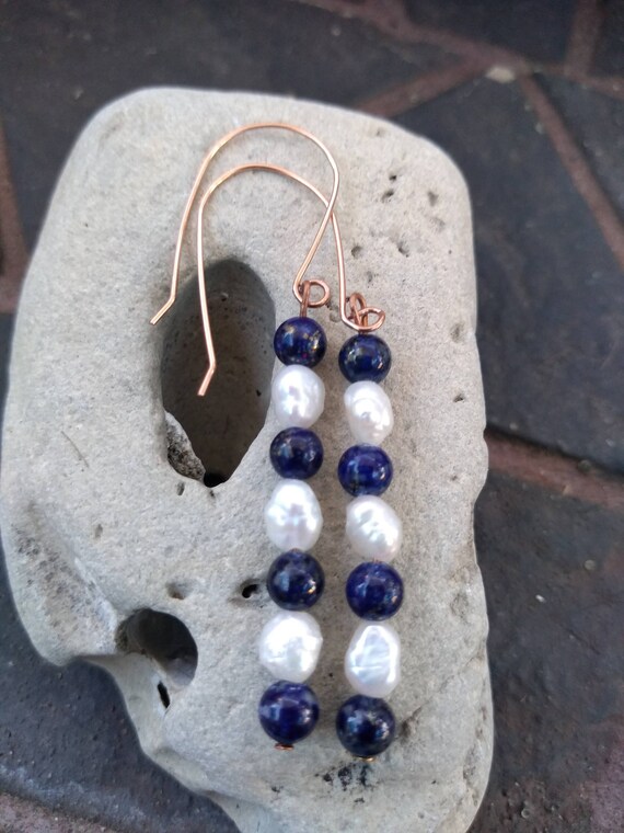 Hand Hammered Rose Gold Filled Lapis and Pearl Earrings