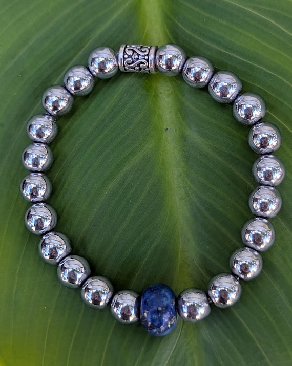 Hand Beaded Bracelet with Hematite and Lapis beads