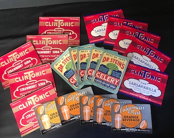 20 Vintage Soda Pop Bottle Product Labels CLINTONIC STEINS CALIFORNIA Best