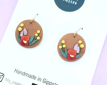 Australian Wildflowers- Round Dangle earrings on hooks (Flame Pea)