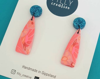 Retro Floral- Triangular floral resin coated earrings with acrylic top