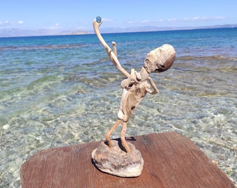 One-of-a-kind,driftwood allien,with magic stick.Natural sculpture on stand.Beach fantasy art