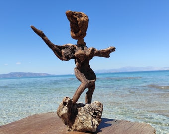 One-of-a-kind rustic driftwood scuplture on stand.Driftwood Zorba the Greek.Beach dance.