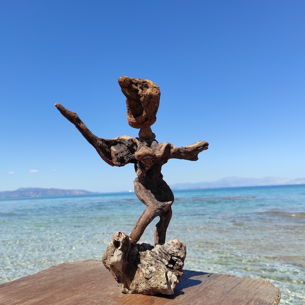 One-of-a-kind rustic driftwood scuplture on stand.Driftwood Zorba the Greek.Beach dance.