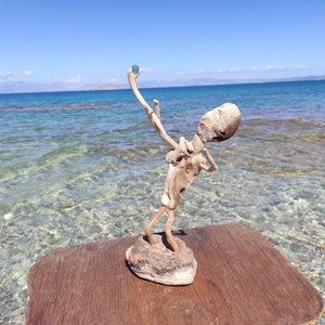 One-of-a-kind,driftwood allien,with magic stick.Natural sculpture on stand.Beach fantasy art image 1