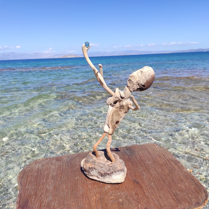 One-of-a-kind,driftwood allien,with magic stick.Natural sculpture on stand.Beach fantasy art image 1