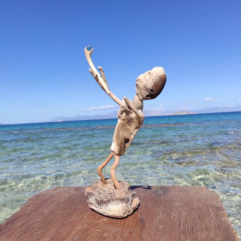 One-of-a-kind,driftwood allien,with magic stick.Natural sculpture on stand.Beach fantasy art image 9