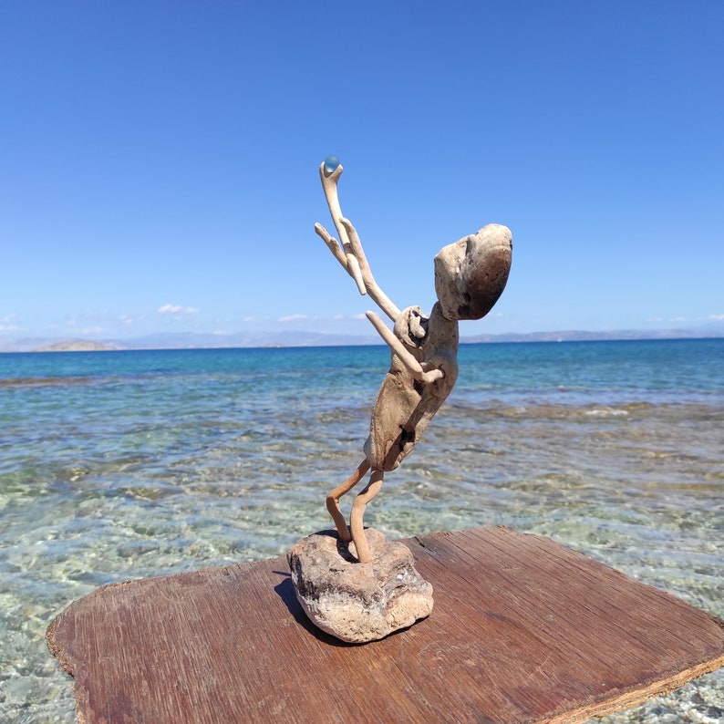 One-of-a-kind,driftwood allien,with magic stick.Natural sculpture on stand.Beach fantasy art image 5