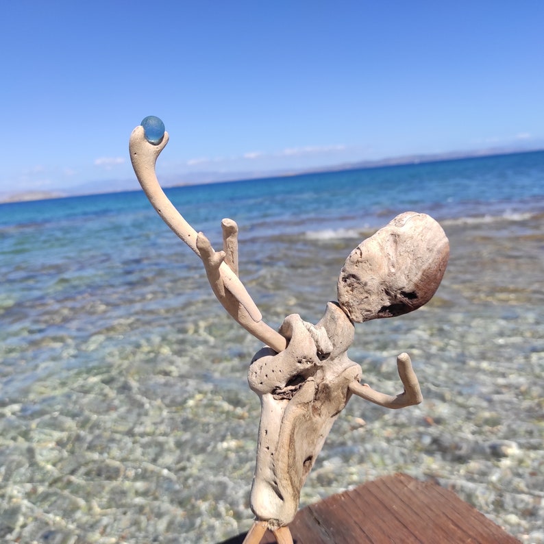 One-of-a-kind,driftwood allien,with magic stick.Natural sculpture on stand.Beach fantasy art image 2