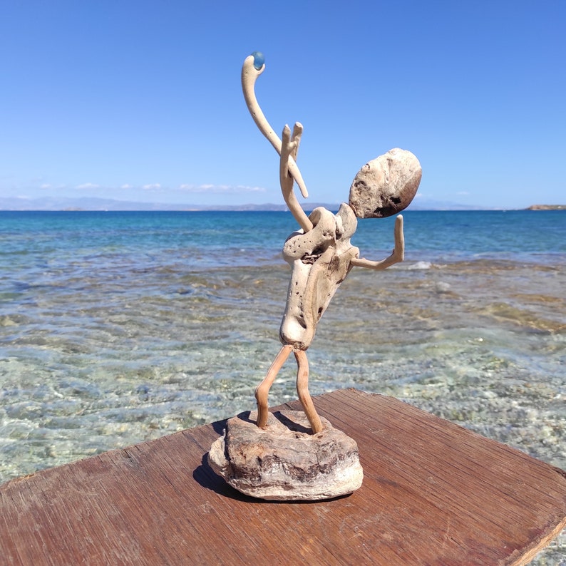 One-of-a-kind,driftwood allien,with magic stick.Natural sculpture on stand.Beach fantasy art image 10