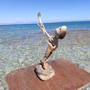 One-of-a-kind,driftwood allien,with magic stick.Natural sculpture on stand.Beach fantasy art image 4