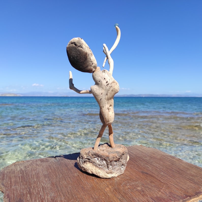One-of-a-kind,driftwood allien,with magic stick.Natural sculpture on stand.Beach fantasy art image 6