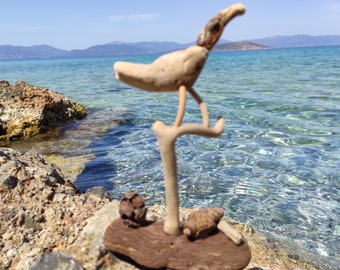 One-of-a-kind driftwood bird sculpture on stand..Beach bird.