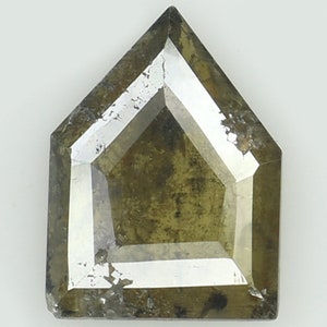May include: A pentagonal-shaped gemstone with a dark olive-green hue and a flat, polished top surface. The stone features a pointed top edge and straight sides, with visible internal inclusions and natural texture throughout the body.