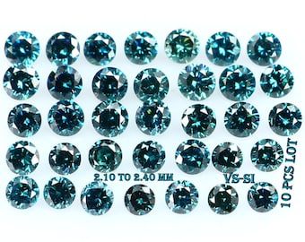 May include: A collection of 10 round, blue, green, and teal diamonds. The diamonds are arranged in a grid pattern. The diamonds are 2.10 to 2.40 mm in size and have a VS-SI clarity. 10 PCS LOT.