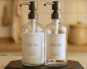 Glass Hand Soap & Lotion Dispenser Set: Stainless Steel Pump, Clear Bottles