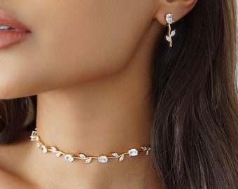 Ensemble ras de cou et boucles d'oreilles tendance - Collier ras de cou - Bijoux de mariée - Ensemble de boucles d'oreilles avec collier en diamants - Ras de cou strass - 3 couleurs