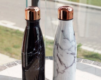 Marble Water Bottle - Insulated Stainless Steel Water Bottle - Black or White - Rose Gold Lid - Kids Stainless Steel Water Bottle - BPA Free