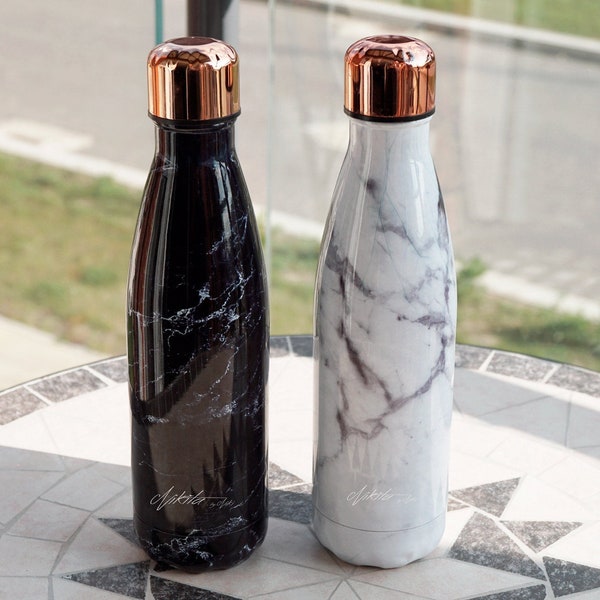 Marble Water Bottle - Insulated Stainless Steel Water Bottle - Black or White - Rose Gold Lid - Kids Stainless Steel Water Bottle - BPA Free