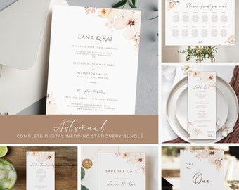 Paquete de papelería de boda digital - Maqueta de papelería de boda otoñal mínima - Plantilla editable - Plan de mesa, menús, invitaciones y carteles