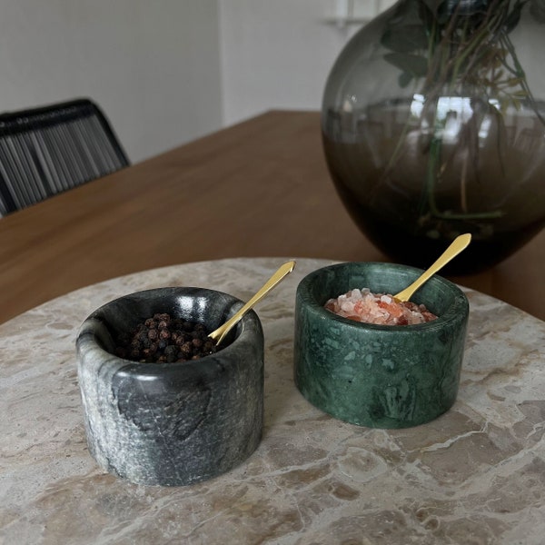 Solid Marble Salt and Pepper Jars with Gold Spoons, Black & Green Salt and Pepper Pots, Marble Pinch Pots, Tableware, Spice Jars