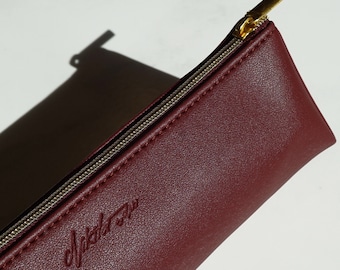 Burgundy Vegan Leather Pencil Case with Gold Zip