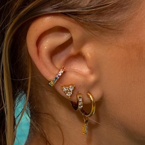 Rainbow Pain Free Ear Cuff - 18k Gold Plated - Multi-coloured Rhinestone Earrings - Hinged Cartilage Cuff - Dainty Wrap Earrings